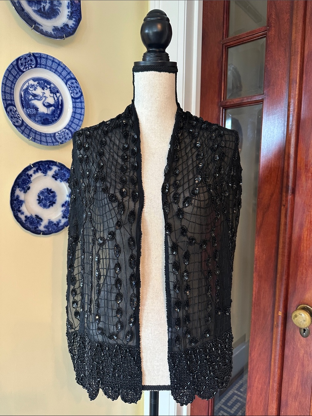 Past Times | VTG Black Art Deco Silk Beaded and Sequin Scarf, 58x11.5”